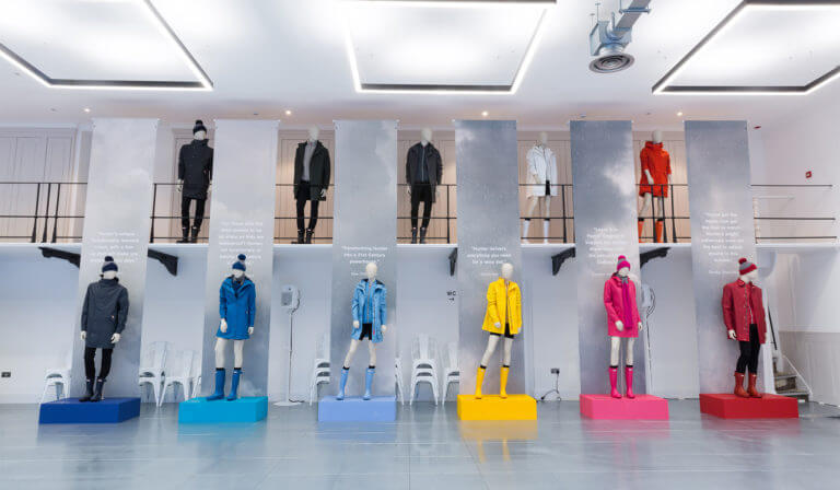 hunter boots mannequin display in multiple different colours