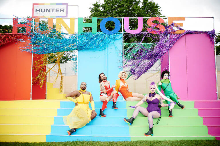 gay pride outdoor installation for hunter boots at Mighty Hoopla 2019 featuring drag queens