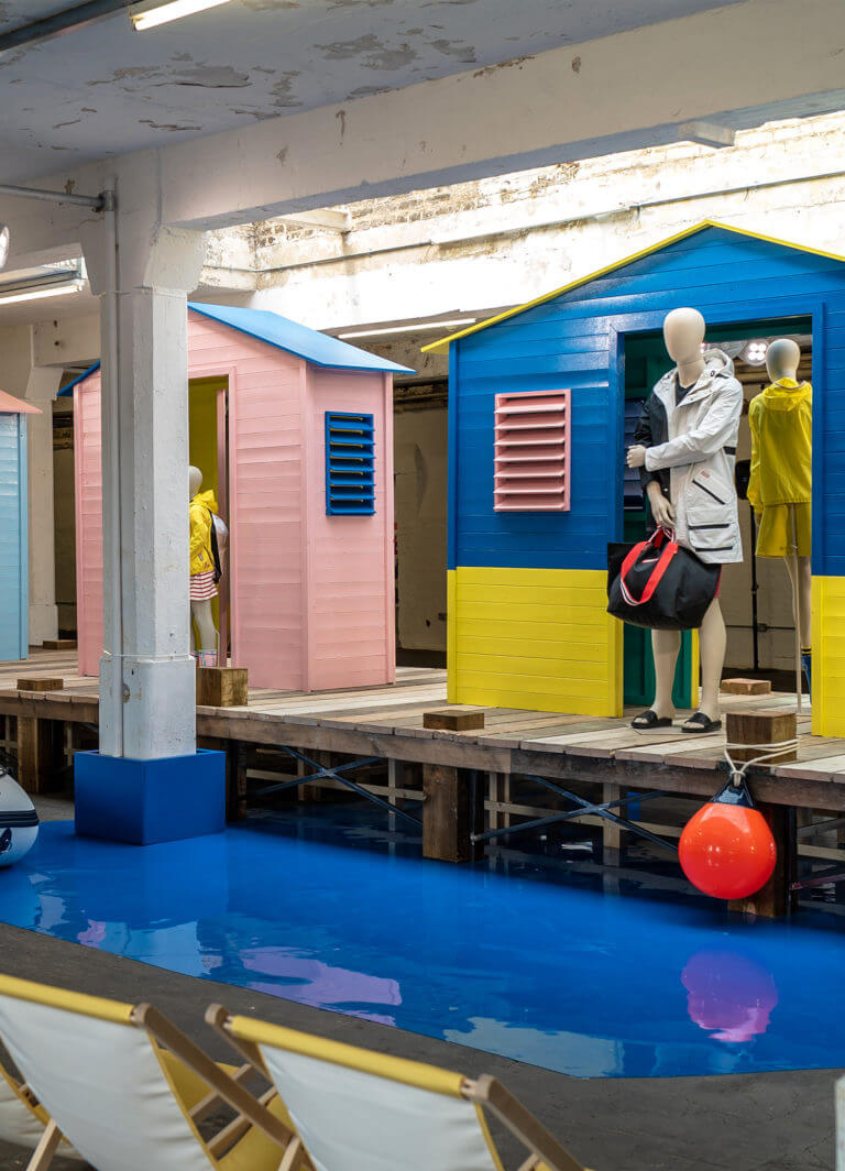 hunter event with beach huts and mannequins and blue vinyl